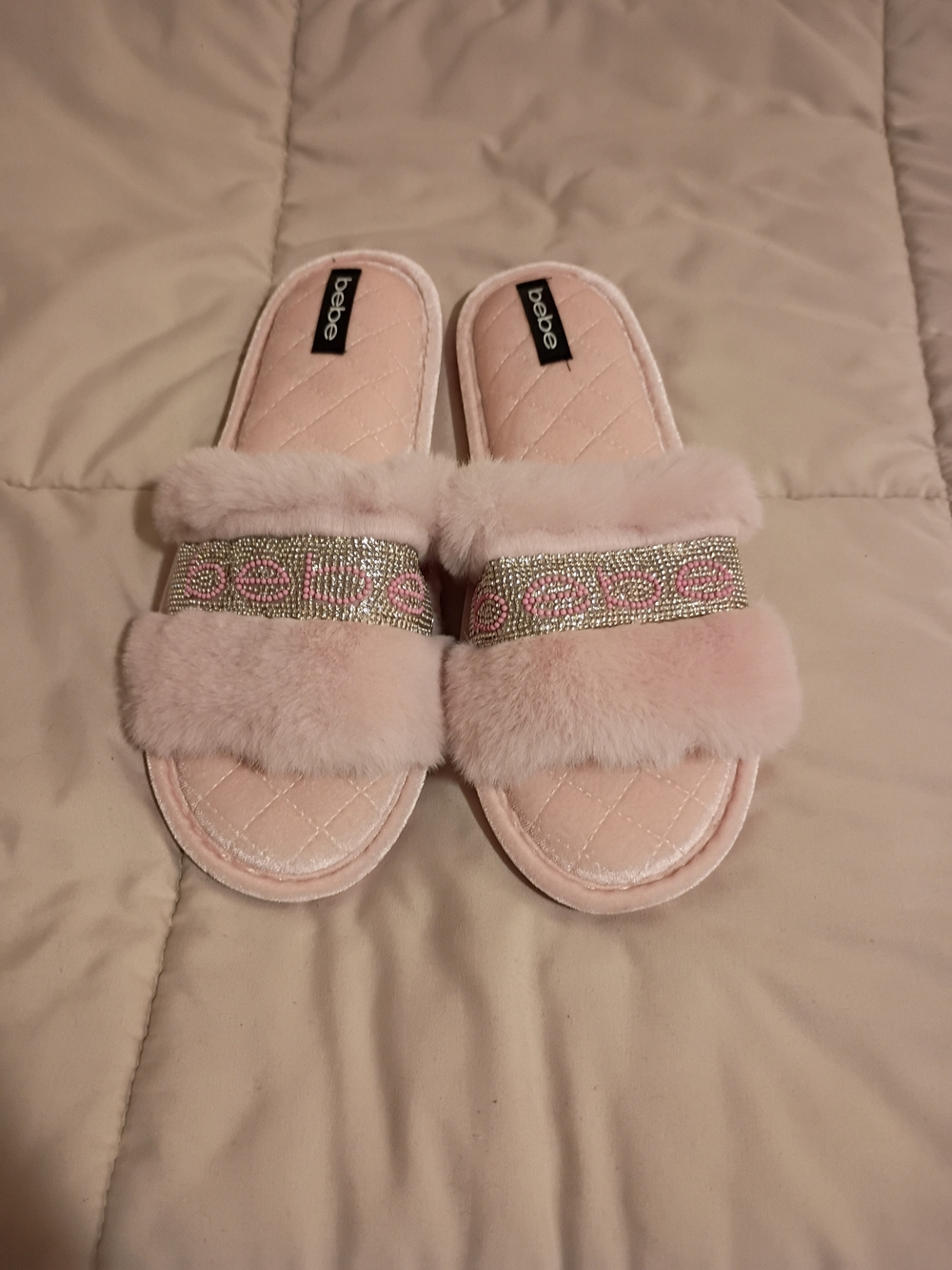 bebe Faux Fur Rhinestone Slide Slippers Pink Like New